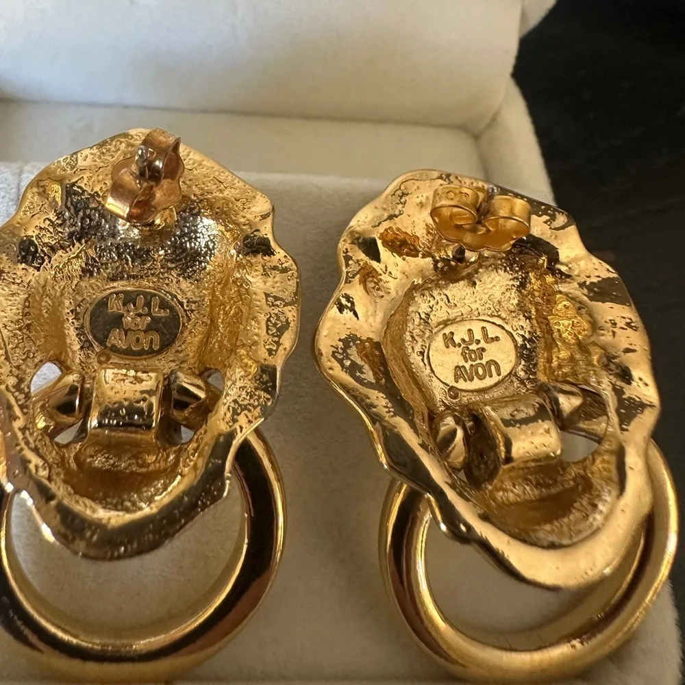 Vintage KJL for Avon Gold Lion Head Knocker Earrings for pierced ears